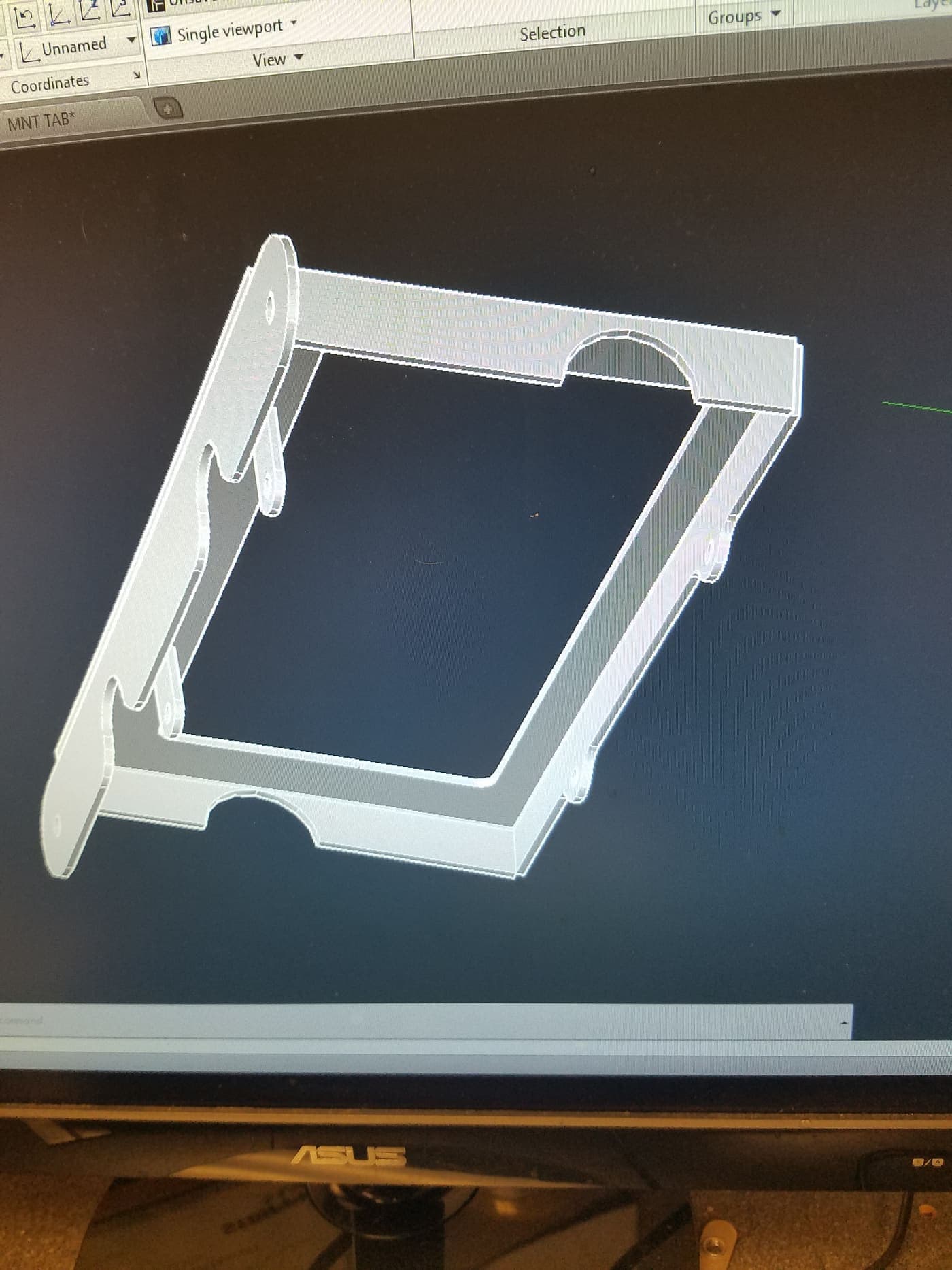 CAD render of a formed sheet metal frame with relieved corners
