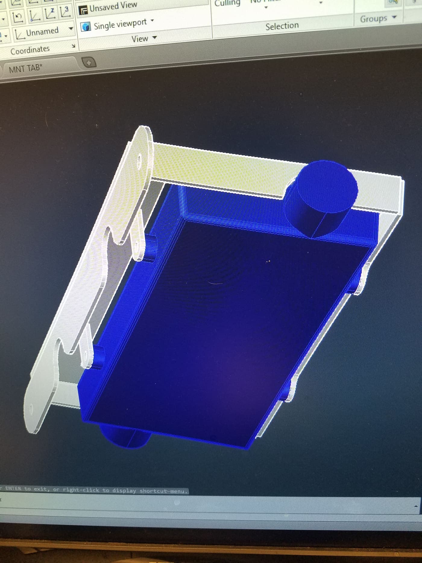 CAD render of a sheet metal tray with formed flanges and a boss