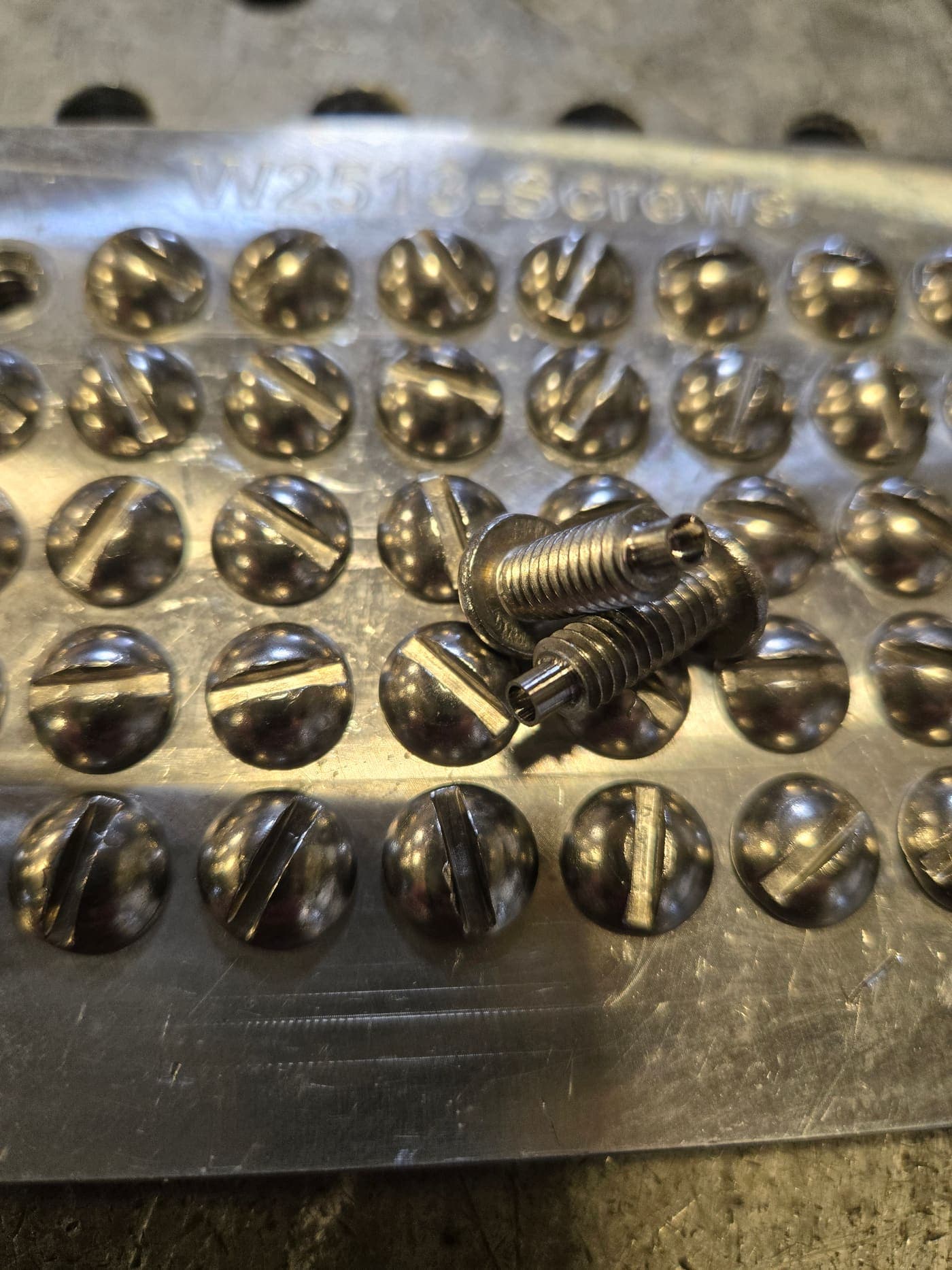 Close-up of stainless steel slotted fasteners and hardware before installation